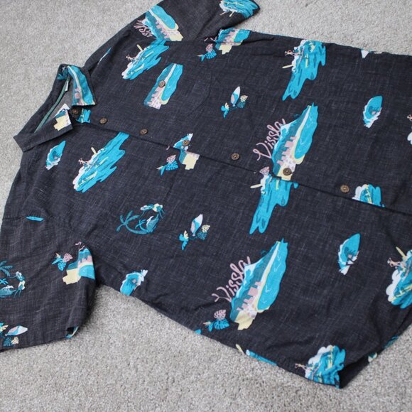 Vissla Waikikooks Shirt Mens XL Black/Blue Beach Print Cotton/Viscose S/S Button - Picture 6 of 14